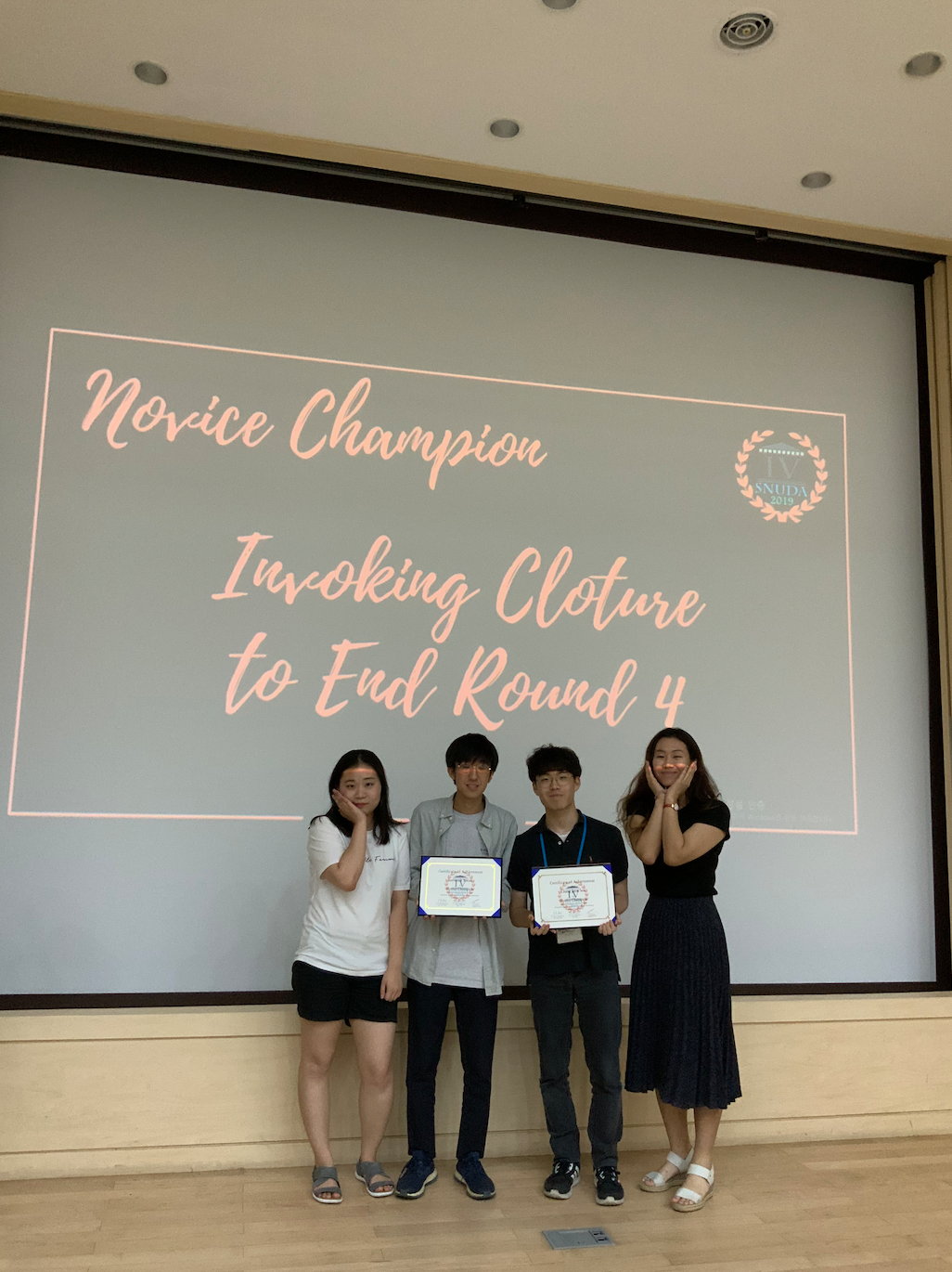 Joonseo at debate championship awards ceremony.